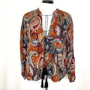 GLAM Bohemian Peasant Tunic Top M‎ Paisley Print Shirt Medium Black Rust